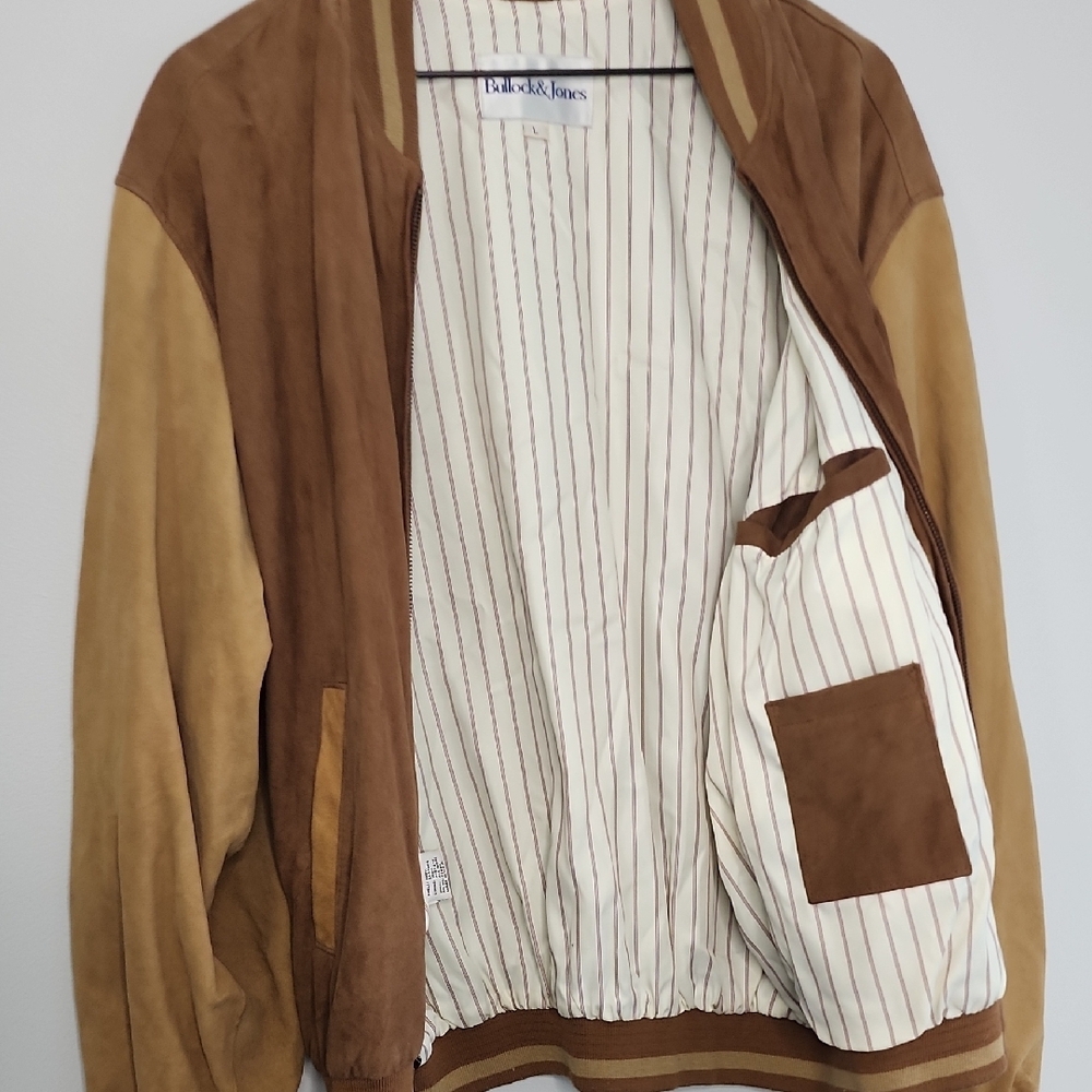 Bullock & Jones Classic Brown and Tan Leather Bomber Jacket with Ribbed Details - Picture 7 of 9